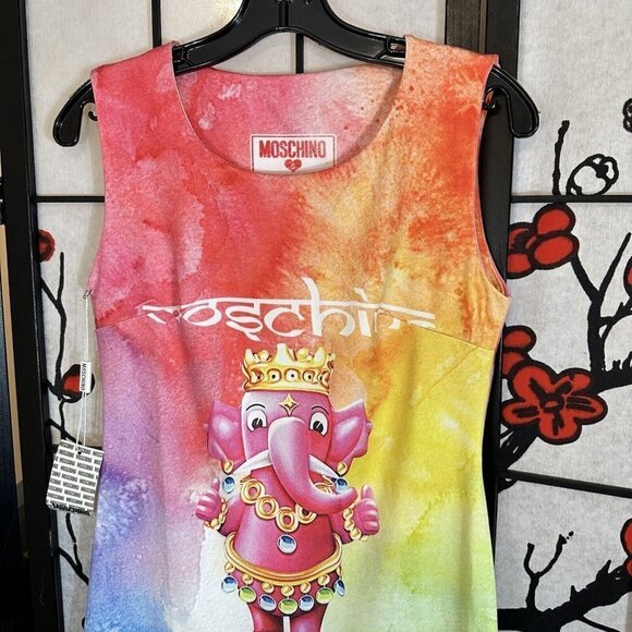 MOSCHINO COUTURE Crowned Tie-Dye Elephant Tank Mini Dress Sleeveless Size S - Picture 5 of 7
